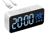 Digital Alarm Clock with LED Temperature Display, Bedside Mirror Alarm Rechargeable with 25 Alarm Sounds, Dual Alarm, Snooze, 4 Levels Adjustable Brightness Dimmer for Bedroom Home Dorm, White