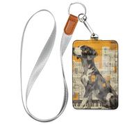 Digital Art Black Dog White Sheet Music Score Orange Leather Badge Holder Women with Lanyard and 3-Card Capacity case with Card Holder for Office Worker Nurse Teacher Student