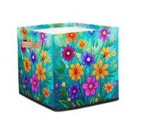 Digital Art Colorful Flowers Foldable Storage Cube with Leather Handle, Fabric Organizer Collapsible Laundry Basket for Closet Bedroom Nursery Office Toy Storage 33x33x33 CM