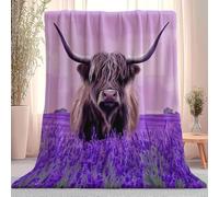 Digital Art Flowers Lavender Highland Cattle Throw Blanket, Purple Sofa Fluffy Blanket Bed Throw for Bedroom - Soft Lightweight Gifts for Children men women birthday Gifts 130 x 150 cm