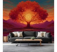 Digital Art Sunset Tree of Life Non-Woven Wallpaper 450 x 315 cm Bedroom Wall Mural, Orange Color Photo Wallpaper Poster Wall Covering - Children’s Room Home Restaurant Living Room Hallway