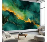 Digital Art Wall Murals 350 x 256 cm Photo Wallpaper, Non-Woven Premium Mural Green Marble Gold Color Texture for Living Room Bedroom Kitchen Office Kids Decoration Wall Hanging