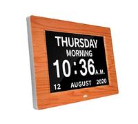 Digital Calendar Day Clock Photo Frame- Auto Dimmable Display 12 Alarm Options,Extra Large Impaired Vision Digital with Non-Abbreviated Day & Month Alarm Clock (8 inch woodgrain)