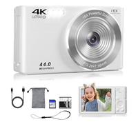 Digital Camera 44MP 4K Auto Focus Point and Shoot Kids Video Camera with 64GB SD Card 2 Batteries 16X Digital Zoom Compact Portable Small Vintage Camera Gifts for Teens Kids Boys Girls(White)