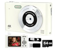 Digital Camera, 44MP Full HD 1080P Point and Shoot Camera with 64GB Card, Anti Shake 16X Zoom Compact Volg Cameras, Portable Small Camara Gift for Kids, Ages Teen Girl Boy - White