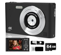 Digital Camera, 44MP Full HD 1080P Point and Shoot Camera with 64GB Card, Anti Shake 16X Zoom Compact Volg Cameras, Portable Small Camara Gift for Kids, Ages Teen Girl Boy - Black