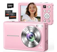 Digital Camera 4K 64MP Camera Double Camera with Auto Focus, Flash, 16X Zoom, Anti-Shake, 32GB Card, Compact Vlogging Camera for Children, Teenagers, Adults, Beginners, Pink