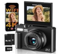 Digital Camera 4K 64MP Camera with WiFi, 3 Inch 180° Folding Display, Autofocus Camera, Digital Camera, 18X Digital Zoom Compact Camera with Selfie for Beginners, with 32GB Card, 2 Batteries