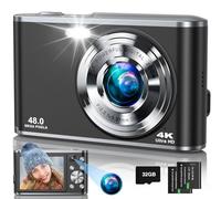 Digital Camera, 4K Autofocus Vlogging Selfie Camera with Front and Rear Dual Lenses, 32GB Card, 16X Zoom, Anti-Shake, Compact 48MP Digital Camera for Kids Teens