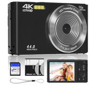 Digital Camera 4K for Teens with 16X Zoom auto Focus, Small Compact Portable Point and Shoot Boys/Girls Student Digital Camera with 64G SD Card, 2 Batteries(Black)