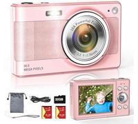 Digital Camera,56MP FHD 1080P Camera for Kids, Point and Shoot with 16X Zoom Anti Shake, Kid Camera with 32GB TF Card, Two Batteries, Lanyard, Compact Portable for Kids Teens Beginners-Pink