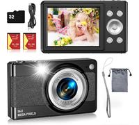 Digital Camera- 56MP FHD 1080P Camera for Kids, Point and Shoot with 16X Zoom Anti Shake, Kid Camera with 32GB TF Card, Two Batteries, Lanyard, Compact Portable Camera for Kids Teens Beginners（Black