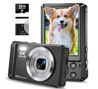 Digital Camera - 5K 72MP Digital Camera with 16X Digital Zoom for Photography - UHD Vlogging Camera for Kids and Teens - Compact Point and Shoot Digital Cameras with 32GB SD Card (White) (Black)