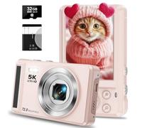 Digital Camera - 5K 72MP Digital Camera with 16X Digital Zoom for Photography - UHD Vlogging Camera for Kids and Teens - Compact Point and Shoot Digital Cameras with 32GB SD Card (White) (Pink)