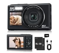 Digital Camera, 5K 80MP Dual Lens Camera with Dual Screens & 18X Digital Zoom, Compact Vlogging Camera for Teens with 32GB Card and 2 Batteries, Stylish Beginner Camera for Youth and Gift, Black