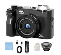 Digital Camera, Digital Camera 75mp 4K HD Video, 3.0" Screen Ultra HD Sensor & Smart Focus, Adjustable Smart Flash 19 Filters for Beginners (Black, Wide angle lens)