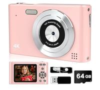Digital Camera, FHD 1080P Camera with 64GB Card, 44MP Digital Camera with 16X Anti-Shake Zoom, Portable Small Camera for Gift for Boys Girls Teenagers Pink