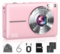 Digital Camera, FHD 1080P Kids Camera with 32GB Card, 2 Batteries, Lanyard, 16X Zoom Anti Shake, 44MP Compact Portable Small Point and Shoot Cameras Gift for Kids Student Children Teens Girl Boy(Pink)