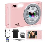 Digital Camera, FHD 4K 44MP Compact Point and Shoot Cameras with 64GB SD Card 2 Batteries, 16X Autofocus Digital Zoom Small Camera for Teens Kids Boys Girls (Pink)