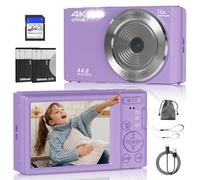 Digital Camera, FHD 4K 44MP Digital Camera, 16X Digital Zoom, Digital Point and Shoot Camera with 3-LED Fill Lights, 64GB SD Card, Compact Camera for Kids Teen Boys Girls, Purple