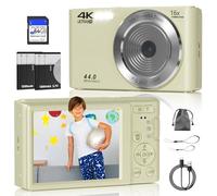 Digital Camera, FHD 4K 44MP Digital Camera, 16X Digital Zoom, Digital Point and Shoot Camera with 3-LED Fill Lights, 64GB SD Card, Compact Camera for Kids Teen Boys Girls, Cream
