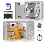Digital Camera, FHD 4K 44MP Digital Camera, 16X Digital Zoom, Digital Point and Shoot Camera with 3-LED Fill Lights, 64GB SD Card, Compact Camera for Kids Teen Boys Girls, Sliver