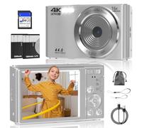 Digital Camera, FHD 4K 44MP Digital Camera, 16X Digital Zoom, Digital Point and Shoot Camera with 3-LED Fill Lights, 64GB SD Card, Compact Camera for Kids Teen Boys Girls, Sliver