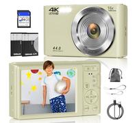 Digital Camera, FHD 4K 44MP Digital Camera, 16X Digital Zoom, Digital Point and Shoot Camera with 3-LED Fill Lights, 64GB SD Card, Compact Camera for Kids Teen Boys Girls, Cream