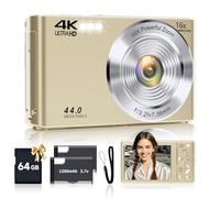 Digital Camera, FHD 4K 44MP Digital Camera Autofocus with 64GB SD Card 16X Digital Zoom, Gold Cameras for Photography Portable Compact Point and Shoot Camera for Teens Adult Kids Gift