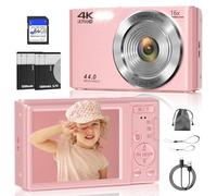 Digital Camera, FHD 4K 44MP Digital Camera for Photography, 16X Digital Zoom, Digital Point and Shoot Camera with 3-LED Fill Lights, 64GB SD Card, Compact Camera for Kids Teen Boys Girls, Pink