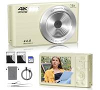 Digital Camera FHD 4K 44MP with 64GB SD Card 16X Digital Zoom 2024 Digital Cameras FHD 1080P Cheap Compact Portable Small Camera Gifts for Teens Boys Girls (Cream)