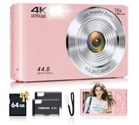 Digital Camera, FHD 4K Autofocus Digital Camera Pink with 64GB SD Card 16X Zoom, 2026 Upgraded Compact Cameras for Photography Point and Shoot Small Camera for Teen Boys Girls Kids Travel Adventures