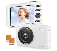 Digital Camera, FHD Dual Lens 64MP AutoFocus Digital Point and Shoot Small Camera with 64GB SD Card 16X Digital Zoom, 2 Batteries Battery for Kids Boys and Girls (White)