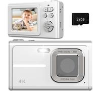 Digital Camera for Kids, 1080P FHD Camera, Autofocus 4K 48MP Point and Shoot Digital Camera 16X Zoom 32GB Card, with 2 Batteries Silver Compact Camera Gifts for Teens Kids Boys Girls