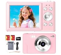 Digital Camera for Kids & Teens - 56MP 1080P FHD, 16X Zoom, Anti-Shake, Portable Starter Camera with 32GB TF Card, 2 Rechargeable Batteries & Lanyard (Pink)
