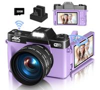 Digital Camera for Photography, 4K 48MP Vlogging Camera for YouTube with WiFi, 3-inch 180-degree Flip Screen, 16X Digital Zoom, 52mm Wide Angle & Macro Lens, 32GB TF Card and 2 Batteries(Purple)