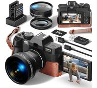 Digital Camera for Photography and Video,4K 48MP Vlogging Camera for YouTube with 180° Flip Screen,16X Digital Zoom,52mm Wide Angle,Leather Hold & Strap, 2 Batteries, 32GB TF Card QCY-UK-S100F-BB-N4