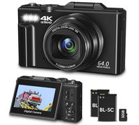 Digital Camera for Photography, WiFi 64MP 4K Vlogging Camera for YouTube, 3 Inch 180° Flip Screen, 18X Digital Zoom Compact Vlog Travel Cameras with 32GB TF Card and 2 Batteries, Black