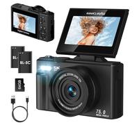 Digital Camera, LAMA 5K 75MP Autofocus Vlogging Camera with 64G SD Card, Compact Camera with 3.0 Inch 180° Flip Screen, 18X Digital Zoom Cameras for Kids, Teenagers, Beginners, Adults Black