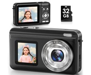 Digital Camera, Real 2.7K Dual-Screen Vlogging Camera for YouTube - Auto Focus & Anti-Shake 16x Zoom Digital Cam with 32GB SD Card, Compact Portable for Kids Teens Students Boys Girls