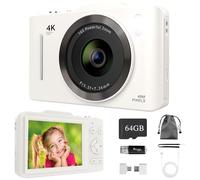 Digital Camera with 64GB SD Card, 4K Digital Compact Cameras - 2.8'' Large Screen, 16X Digital Zoom, Autofocus, Anti Shake, Rechargeable Mini Vlogging Camera for Kids Beginners Students (White)