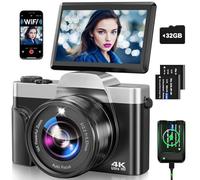 Digital Camera with WiFi, 4K 64MP Autofocus Vlogging Camera for YouTube with SD Card 3.0" 180° Flip Screen 16X Digital Zoom Anti-Shake Charging Station, 2 * Batteries for Teenagers, Beginners, Adults