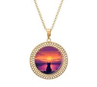 Digital Cat Enjoy The Sunset Fashion Necklace Chain Round Graphic Pendant with Diamond Jewellery Golden-style