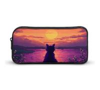 Digital Cat Enjoy The Sunset Simple Pencil Case Big Capacity Pouch Box Travel Makeup Bag