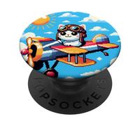Digital Cat Pilot Flies Biplane In Clear Skies. Flying Cap PopSockets Swappable PopGrip