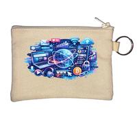 Digital Communication and Internet Icons Key Chain Coin Purse Beige