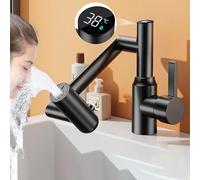 Digital Display Bathroom Basin Tap with 360 Degree Rotation, LED Temperature Display, Adjustable Water Outlet Position, Brass Body, Multifunction(Silver)