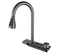 Digital Display Black-Grey Pull-Out Kitchen Waterfall Faucet with Integrated LED Display and Multi-Function Single Bowl Workstation Sink Set