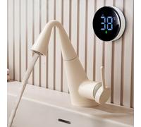 Digital Display Pull-Out Bathroom Faucet, Brass Sink Tap with Single Handle Mixer for Hot & Cold Water, 3 Water Flow Modes, Modern White Design