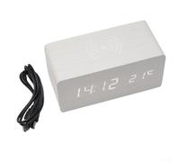 Digital Electronic Wooden Alarm Clock with Wireless Charging Function Temperature Display Date Month Day Year Time LED Screen USB Powered Battery Operated for Bedroom Living Room Office(C)